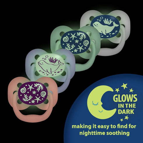 Symmetrical Bulb, 0-6m, 2 Pack Dr. Brown's Advantage Glow-in-The-Dark Baby Pacifier, Fully Soother with Soft Silicone