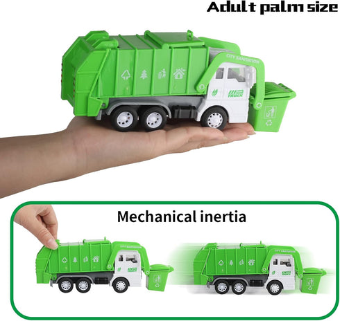 Set, 4 FIVEDAOGANG Small Friction Powered Garbage Truck Toys Includes Front Load Dumpster, Trash Bins and Trash