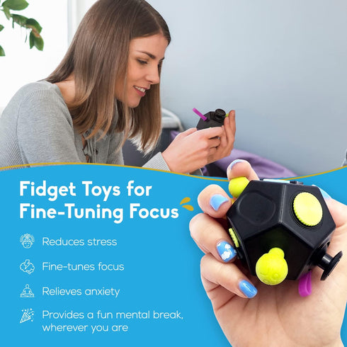 12 PILPOC theFube Fidget Cube with Sides - Handy Anxiety Toys for Kids and Adults - Fidget Dice for Stress Relief