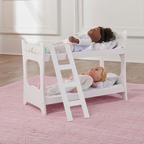 Badger Basket Toy Doll Bunk Bed with White Bedding & Ladder for 20 Inch Dolls - White Rose