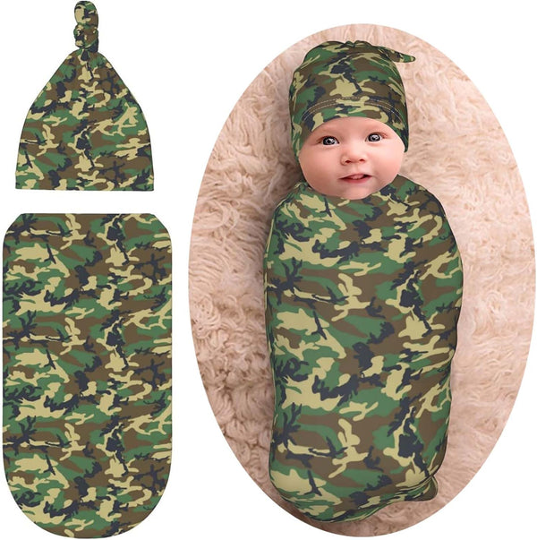 Broiteid Camo Green Newborn Swaddle Blanket Baby Stuff Baby Swaddling Blanket with Beanie
