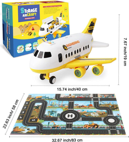 Dwi Dowellin Construction Toy Airplane Set with Play Mat, Excavator, Bulldozer, Mixer, Dumper Truck, Forklift, Crane,