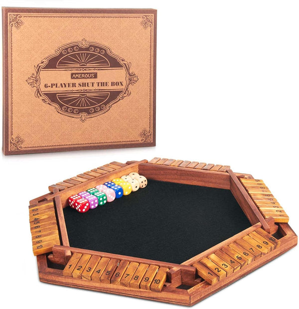 AMEROUS Upgraded 1-6 Players Shut The Box Dice Game, Wooden Board Table