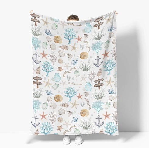 Summer 60x80inch Ocean Boho Baby Blankets for Boy Girl Seashells Conch Starfish Corals Anchors Soft Flannel Nursery Bed
