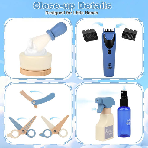 Set, Barber Shop Pretend Play Kids Shaving Kit Wooden Hair Salon Toys for Boys with Wearable Beard, Electric Shaver