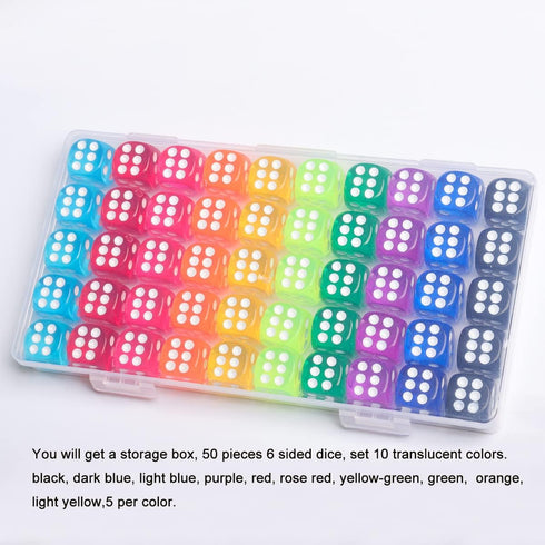 jrceliy 50 Set, 14mm 6 Pieces Dice Bulk Sided Colored Dices for Board Games, Math Learning,Classroom