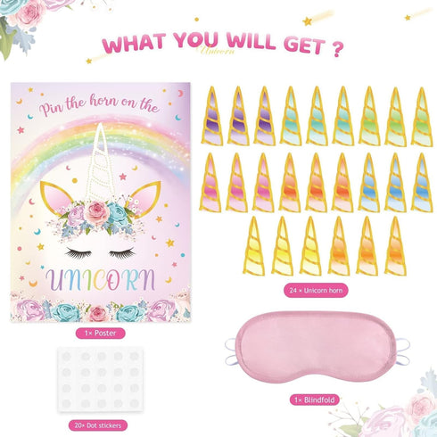 WERNNSAI Pin The Horn on The Unicorn, Birthday Party Game Poster with 24 Horn Stickers