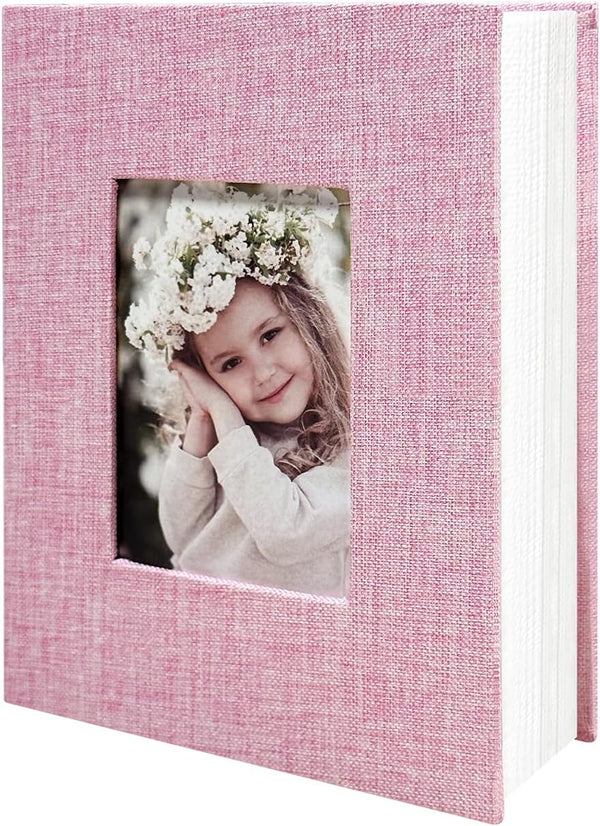 Photo Album 4x6, 100 Pockets, Linen Cover Top Loader Vertical, Slip-in Picture Pink Pockets for Wedding and Family