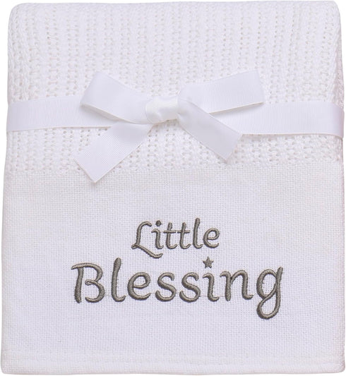 Cotton Knit Baby Blanket with Embroidery, Little Blessings, 30 in. x 40 in., White, Unisex