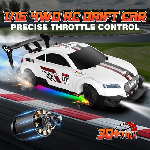 1/16 2.4Ghz 4WD 30+KM/H 2Pcs RC Drift Car Scale Remote Control Car With Spray & Led Lights, High Speed RC Drag Car
