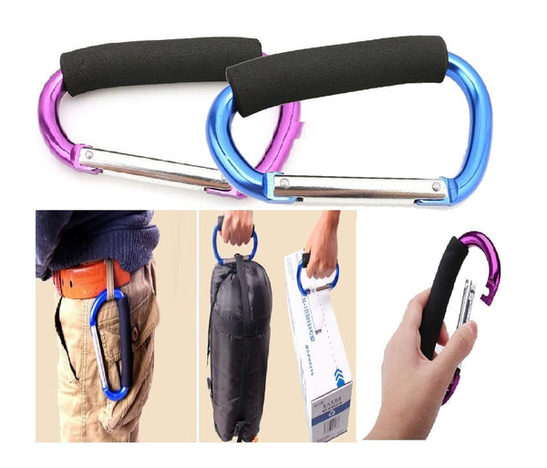 Large Stroller Hooks for Mommy, 2 pcs Carabiner Organizer for Hanging Purses, Diaper Bag, Shopping Bags (Blue+Purple)