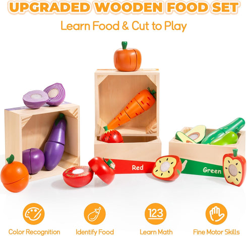 Set, 3 4 5 6 7 WOODMAM Wooden Play Food for Toddlers, Color Food Groups, Fruit & Veggies Cutting Pretend Play Food