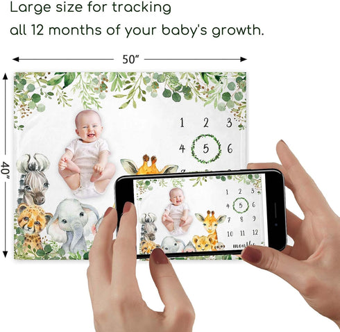 Safari Animals Milestone Blanket, Jungle Baby Growth Chart Monthly Blanket, Watch Me Grow Jungle Wild Baby Nursery for New Moms Baby Shower(50"x40") by Yuzioey