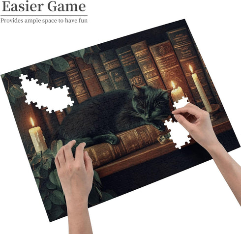 Yuwvewv 500 Piece Wooden Puzzle for Adults Black Cat Sleeping on Bookshelf in Warm Glow Wooden Puzzle for Book Lovers