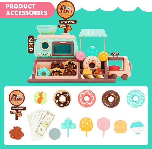 Jomifin 35Pcs Set Pretend Play Toy Donut Shop for Kids, Donut Maker Machine with Oven and Candy, Electronic Role Play