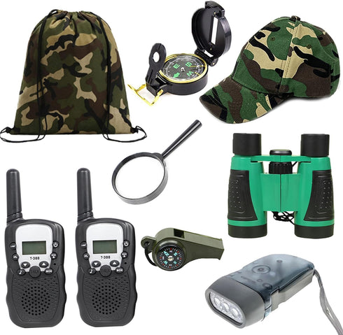 Box O' Mart Set Outdoor Adventure for Kids - Camouflage Camping Exploration Toys with Walkie-Talkies - Backyard