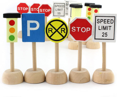 Kids Wooden Street Signs Playset, 14-Piece Set, Perfect for Car & Train Set, Wood Traffic Signs
