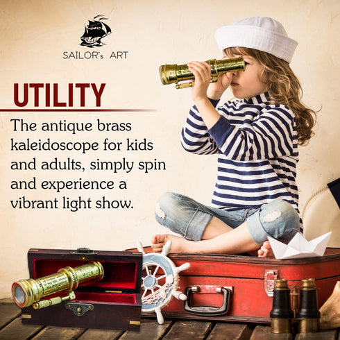Polished Brass Kaleidoscope with Handheld Stick & Wooden Box, Vintage Educational Collection, 5.5 Inch Antique Gift