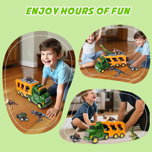 3 3 3-5-7, 3 4 5 6 7+ Dinosaur Toy Trucks with Dino Cars & Dino Figures, Sound Light Transport Carrier Truck Dinosaur