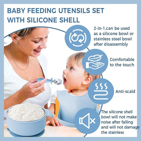 HORNORM 7 304 Set Pieces Stainless Steel Baby & Toddler Feeding - Suction Divided Plates, Bowls, Silicone & Stainless