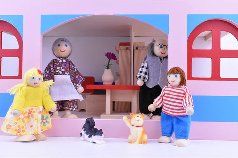 Wooden Dollhouse People Family with 2 Pets (Dog and Cat), 2-4 Inches Doll House Dolls