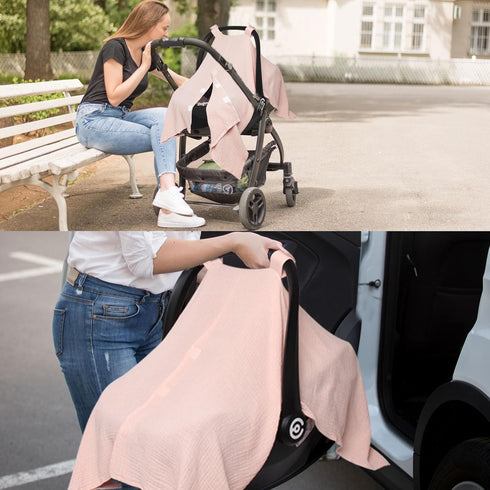 Muslin Car Seat Cover for Babies, Multi-use Nursing Cover, Breathable Infant Car Seat Canopy for Newborn (Pink)