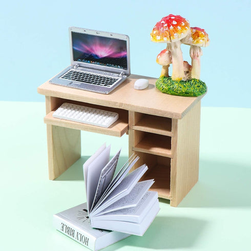 Dollhouse Miniature Laptop Computer & Office Table, 1/6 1/12 Scale Notebook Accessories for Kids Play