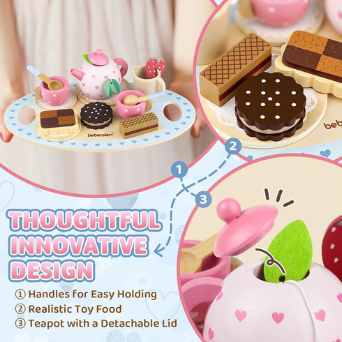 Wooden Tea Set for Little Girls, Birthday Gift for 2-4 Year Old, Play Food Sets for Kids Kitchen Accessories
