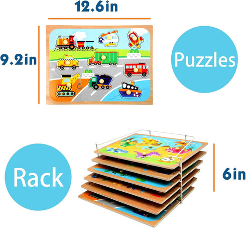 WOOD CITY Toddler Puzzles and Rack Set, Wooden Peg Puzzles Bundle with Storage Holder for Kids Age 2-4