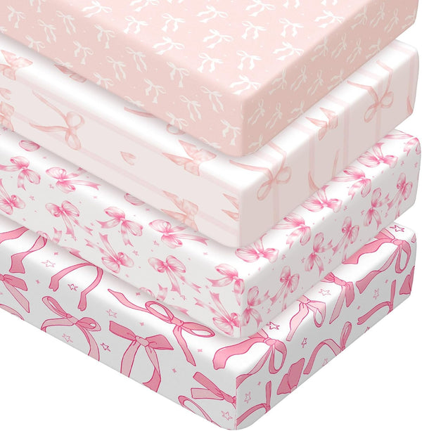 Peryiter 4 Pack Crib Sheets for Baby Pink Bow Soft Baby Bed