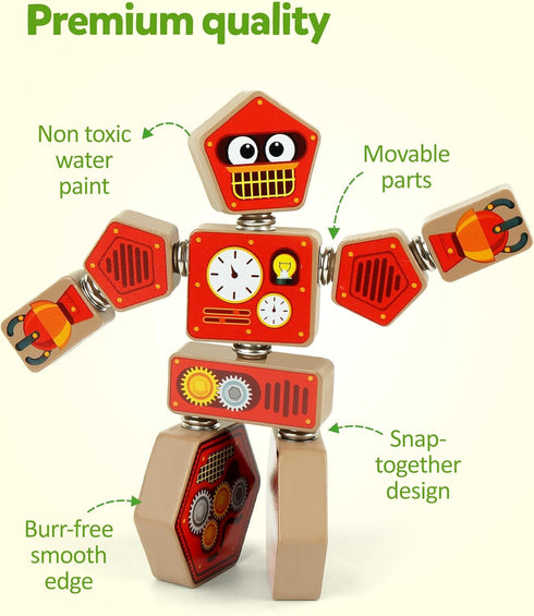 Playset, 3 4 5 Coogam Snap Together Robot Builders for Toddlers, Wooden Take Apart Robot Build Block Fine Motor Skill