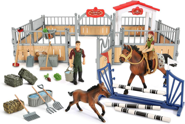 Horse Stable Playset, Horse Toys Set with Rider, Farm Animal Figurines for Kids 3-10, Christmas Birthday Gifts