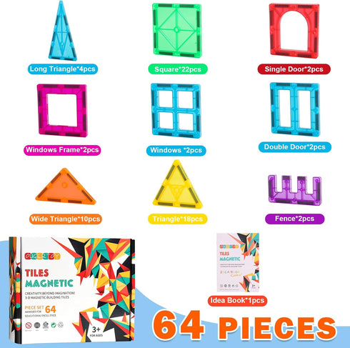 Magnetic Building Tiles for Kids, 64 PCS Educational Stacking Blocks for Boys & Girls, STEM Learning Toys