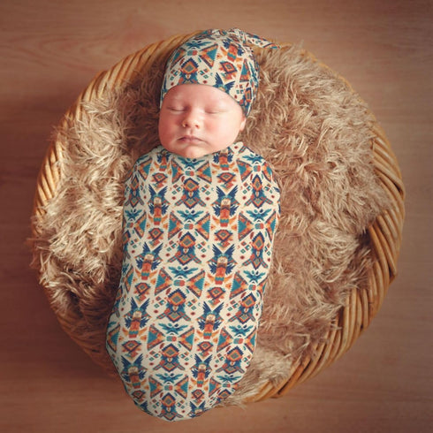 Sets Aztec Pattern Newborn Swaddle Blanket Hat Soft Baby Receiving Blankets Swaddle Sack for Baby Shower Infant Boy