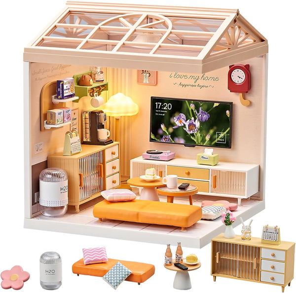 Miniature Living Room DIY Kit 92Pcs 1:24 Scale Dollhouse Furniture with LED