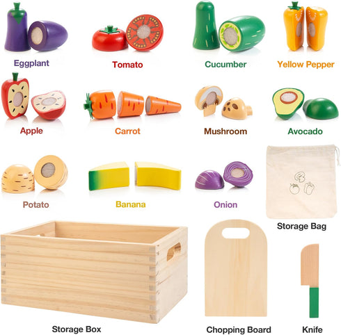 Set Set 3+ Wooden Play Food for Kids Kitchen | Cutting Veggies & Fruits Toy Food with Storage Case & Bag, Play Kitchen