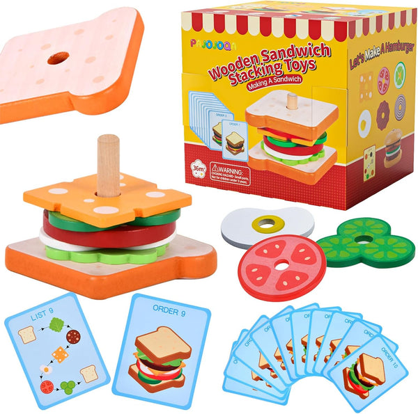 Wooden Sandwich Stacking Toys, Montessori Toys for Toddlers Kitchen Play Food Educational