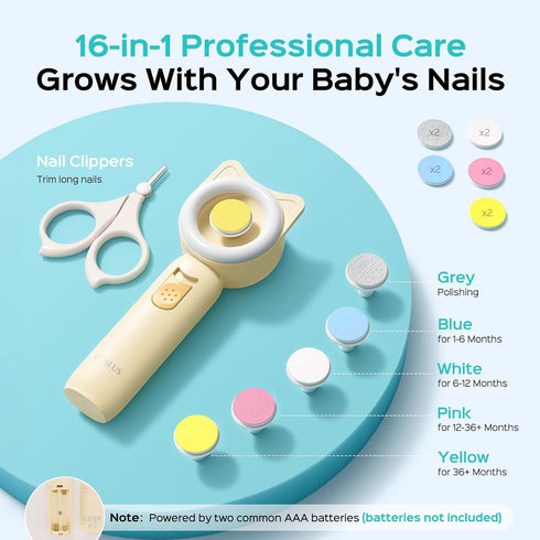 C50 Trimmer 360 16-in-1 COSLUS Baby Nail File, Baby Nail Electric, Baby Nail Clipper - Gentle, Quiet with Light, Safe