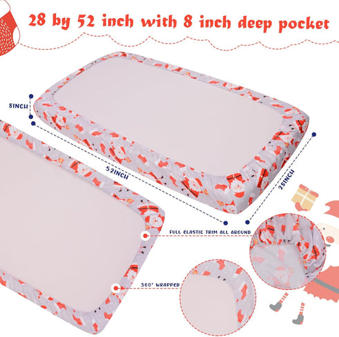 52'' 28'' Christmas Crib Sheet, Fitted Crib Sheet with Santa Claus, Christmas Stocking, Snowflake, Measuring x to fit