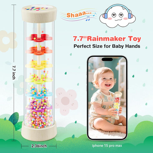 Flwedora 6-12 1 7.7 Rain Stick, Montessori Baby Toys for Months Year Old, Wooden Rainmaker Baby Rattle Sensory Toys