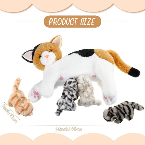 Nurturing Cat Stuffed Animal with Plush Kittens, Mommy Cat with 4 Baby Cats for Birthday Party Favors Gifts