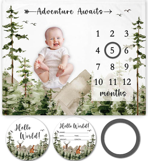 Adventure Awaits Baby Milestone Blanket with Birth Stat Sign, Mountain Baby Growth Chart Monthly Blanket, 50"x40"