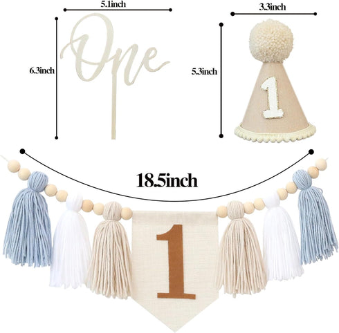 1st First Birthday High Chair Banner Decorations For Boy Birthday Hat With One Cake Topper Photo Backdrop