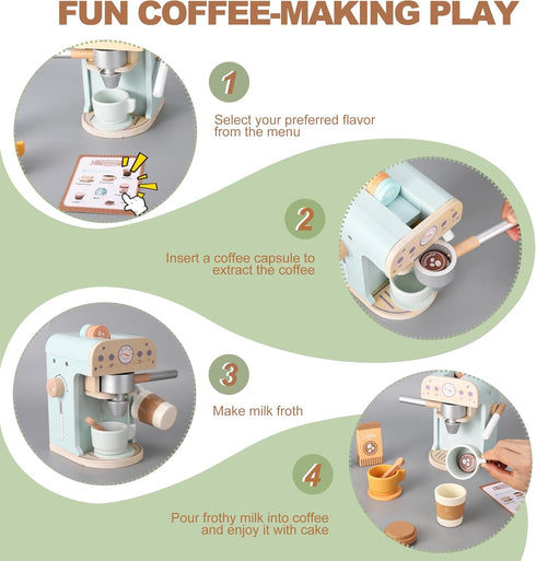 Pithfor Kids Wooden Coffee Maker Toy, Wooden Play Kitchen Appliances & Accessories Toy for Kids Toddlers, Gift