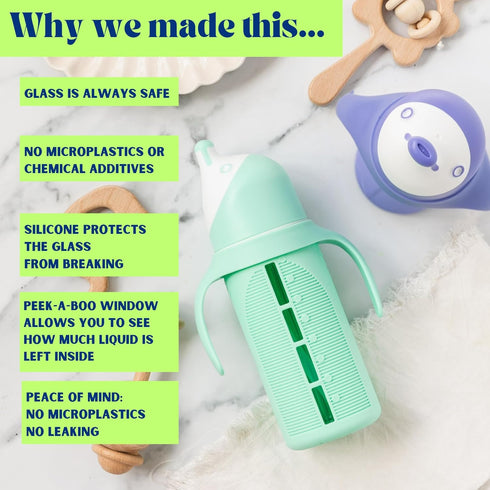 Set 2 8 oz Tabor Place of - Glass Sippy Cup for Toddlers - The Luca | Spill-Proof | Silicone Straw | Mint Green