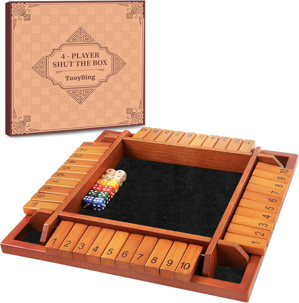 TooyBing Upgraded 1-4 Players Shut The Box Dice Game, Wooden Board Table
