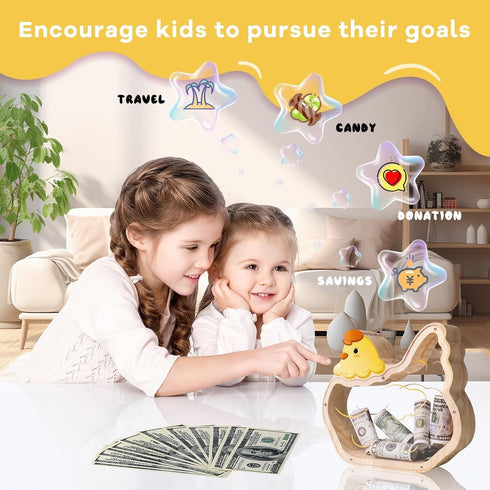 Wooden Chicken Piggy Bank for Kids, Unbreakable Easter Pullet Coin Chicken Bank for Kids with Sticker, Wooden Cashbox