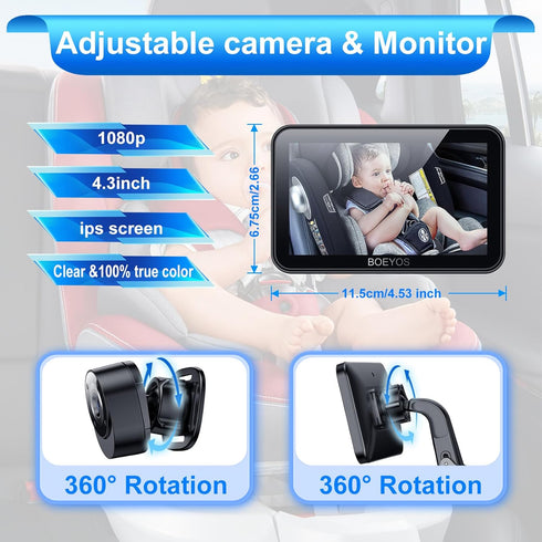 BOEYOS 4.3 inch 1080P Setup, Baby Car Mirror - Baby Car Camera HD - Rear Facing Car Baby Monitor with Night Vision