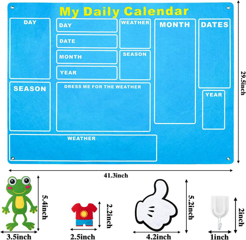 WATINC My First Daily Calendar Felt-Board for Kids, 3.5Ft 70Pcs Funky Frog Weather Season Chart for Preschool Learning