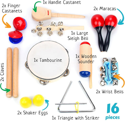 Boxiki kids Musical Instruments Set, 16 PCS - Toddler Educational & Musical Percussion with Tambourine, Maracas & More